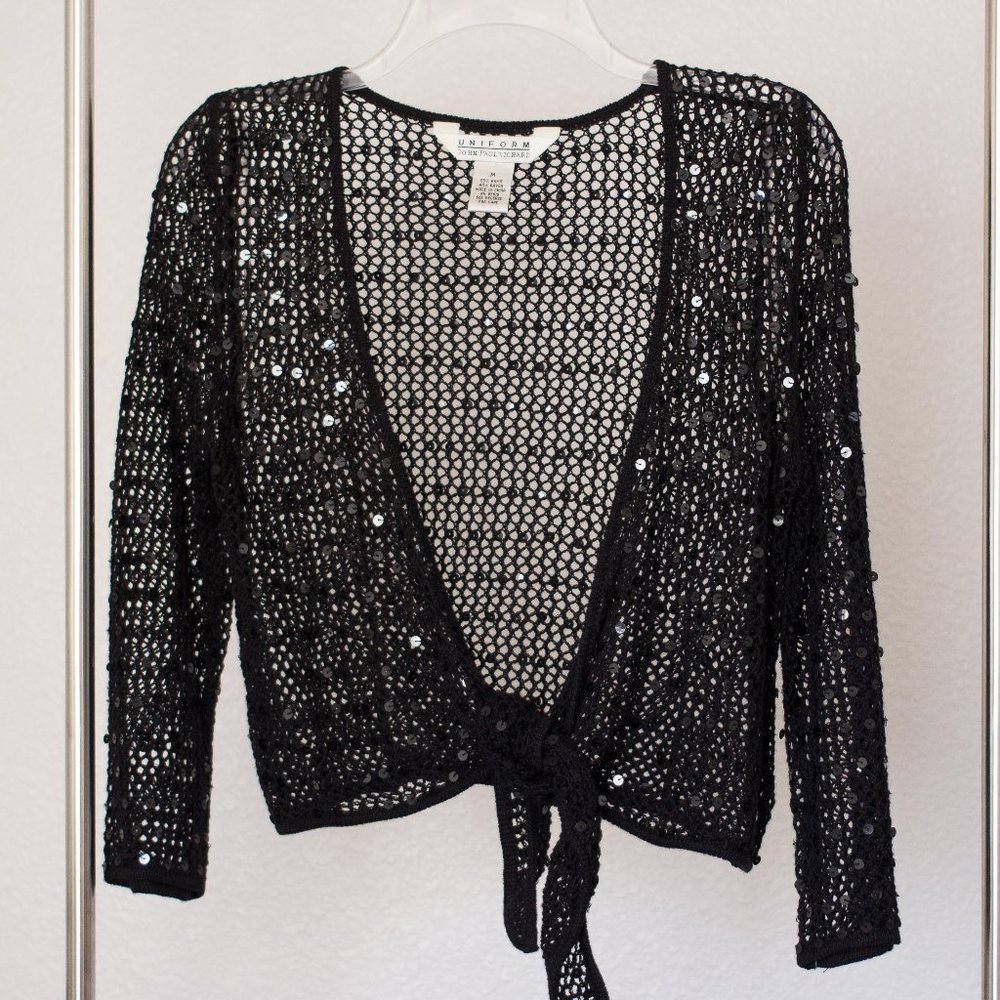 Black Sequined Front Tie Cardigan